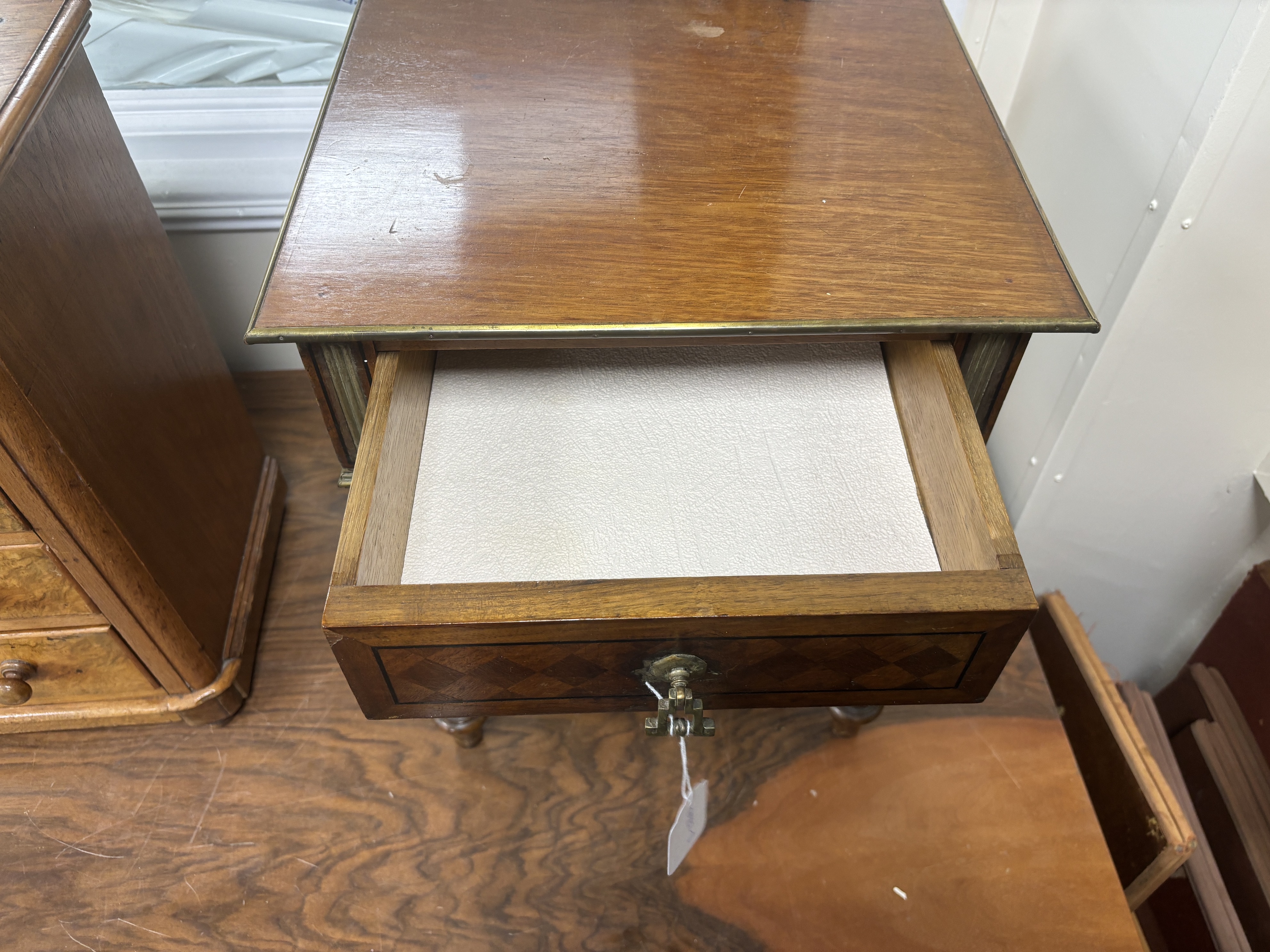 A French brass mounted mahogany low table, width 40cm, depth 40cm, height 52cm
